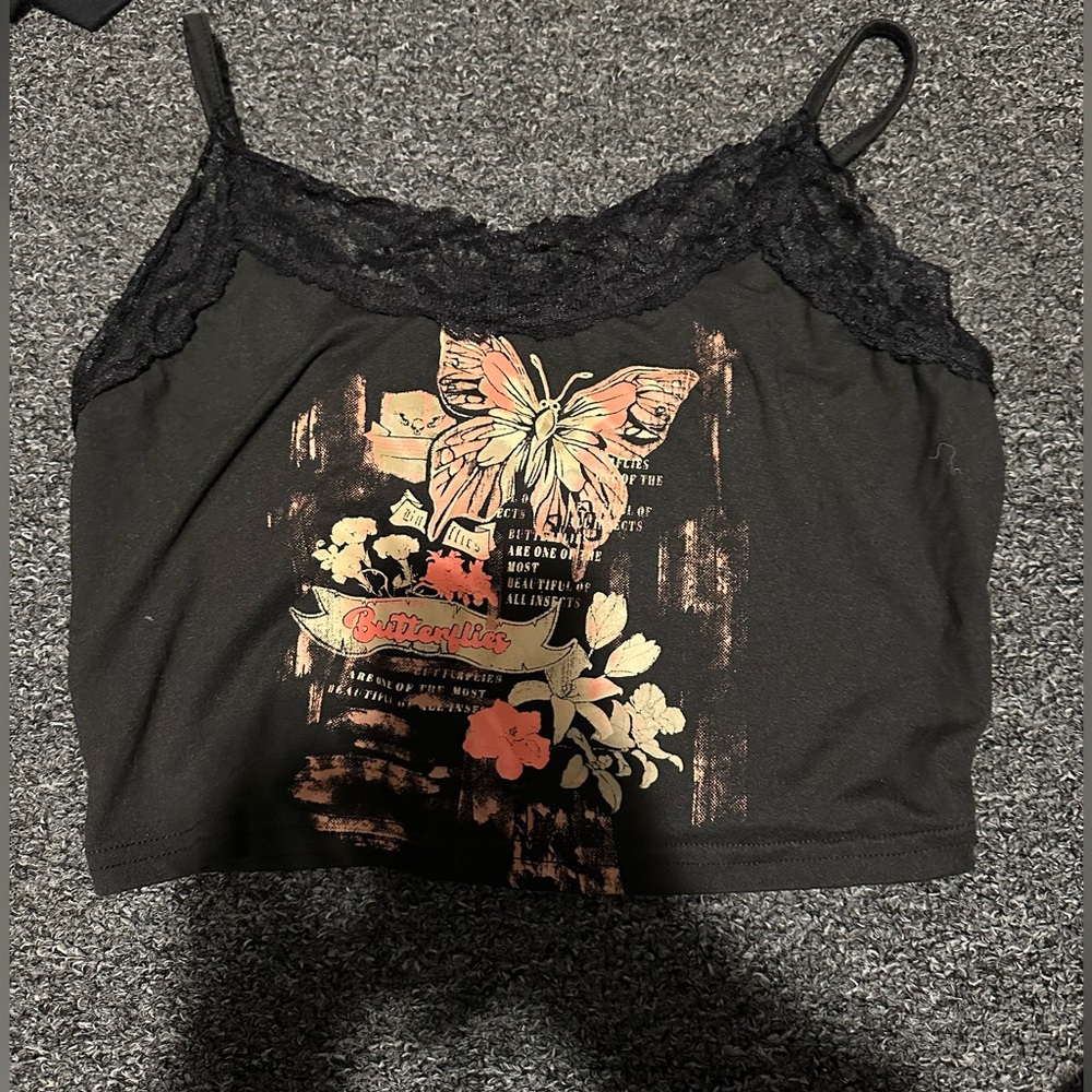 Black tank top/ crop top,  size large , with flower and butterfly design